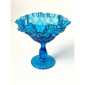 Vintage Fenton Aqua Blue Thumbprint Ruffled Art Glass Candy Dish